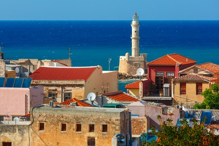 The medieval city with lighthouse in old harbour, aerial view from Schiavo Bastion in the sunny morning, Crete, Greeceの写真素材