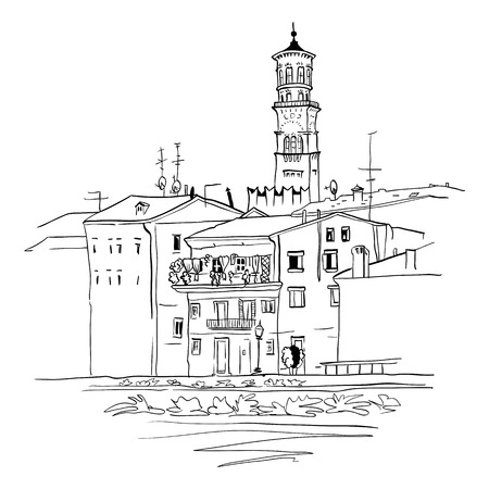 Adige River Embankment and Tower Lamberti at night illumination, Verona, Italyのイラスト素材