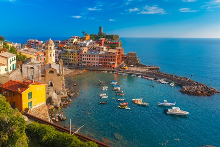 Aerial panoramic view of Vernazza fishing village in the evening, Five lands, Cinque Terre National Park, Liguria, Italy.の写真素材