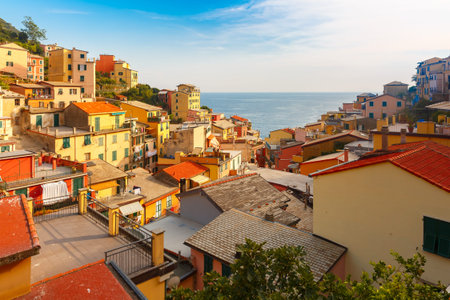 Panoramic view of Riomaggiore fishing village in Five lands, Cinque Terre National Park, Liguria, Italy.の写真素材