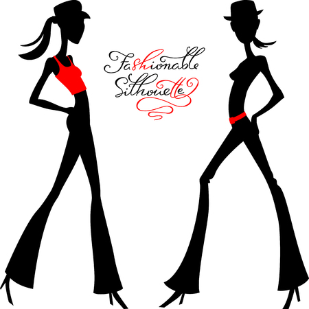 Black silhouette of fashion girls top models in hats and pants with calligraphic inscriptionのイラスト素材