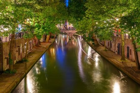 Unique embankments with two levels along the Oudegracht at night, Utrecht, Netherlandsの写真素材