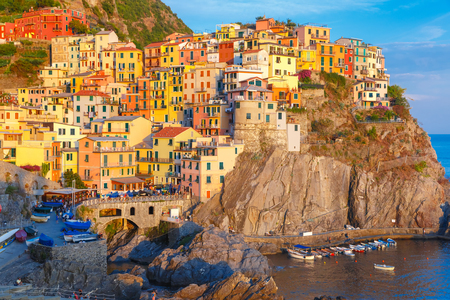 Aerial view of Manarola fishing village in Five lands, Cinque Terre National Park in the evening, Liguria, Italy.の写真素材