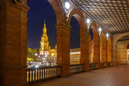 Spain Square or Plaza de Espana in Seville at night, Andalusia, Spainの写真素材