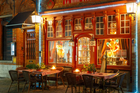 Christmas Decorated and illuminated street in the center of Bruges, Belgiumの写真素材