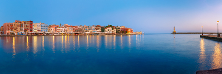 Picturesque panoramic view of old harbour with Lighthouse of Chania at sunrise, Crete, Greeceの写真素材