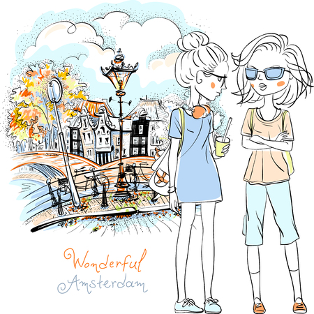 Hand drawn picture, cute beautiful girls tourist walking down canal in Amsterdam with traditional Dutch house, Holland, Netherlands.のイラスト素材