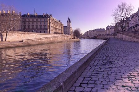 Embankment of the Seine near the Ile de la Cite in the winter morning, Paris, Franceの写真素材