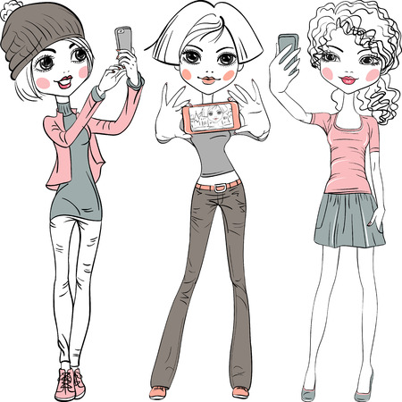Set cute beautiful fashionable hipster girls make selfieのイラスト素材