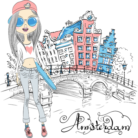 Fashionable hipster girl tourist with skateboard near the bridge on the Amsterdam street with traditional Dutch houses, Holland, Netherlands.のイラスト素材