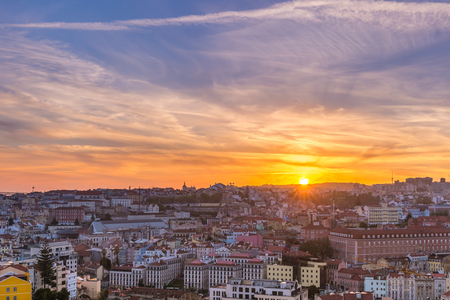 The historical centre of Lisbon at scenic sunset, Lisbon, Portugalの写真素材