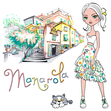 Cute beautiful fashion girl in summer dress and cute cat in Manarola, Five lands, Cinque Terre National Park, Liguria, Italy.のイラスト素材