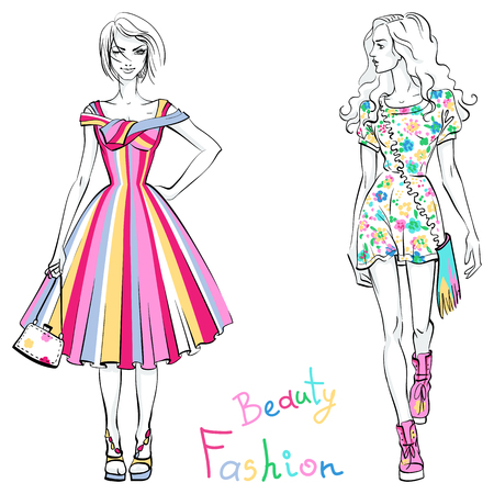 Vector beautiful fashionable girls in colorful dresses with inscription Beauty and Fashion.のイラスト素材