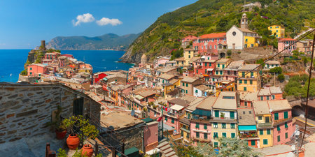 Panoramic aerial view of Vernazza fishing village in Five lands and Mediterranean Sea, Cinque Terre...