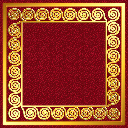 Golden square frame with traditional vintage Greek Meander pattern on red background for design template.のイラスト素材