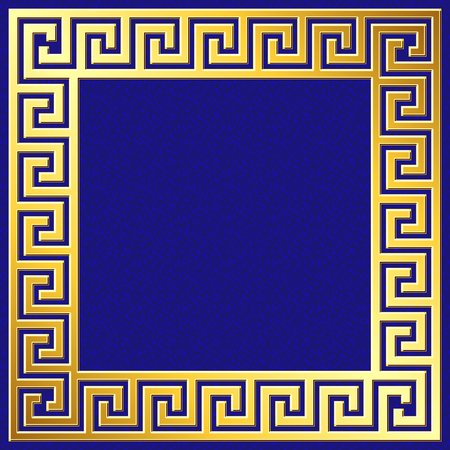 Golden square frame with traditional vintage Greek Meander pattern on blue background for design template.のイラスト素材