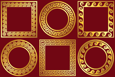Set golden round and square frames with traditional vintage Greek Meander pattern on red background for design template.のイラスト素材