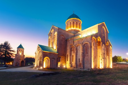 The Cathedral of the Dormition, or the Kutaisi Cathedral, more commonly known as Bagrati Cathedral during evening blue hour, Kutaisi, Imereti, Georgiaの写真素材