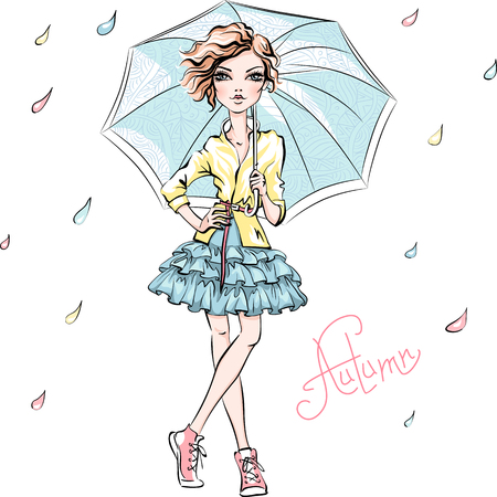 Vector beautiful fashion girl in autumn clothes, sneakers, jacket and skirt with umbrellaのイラスト素材