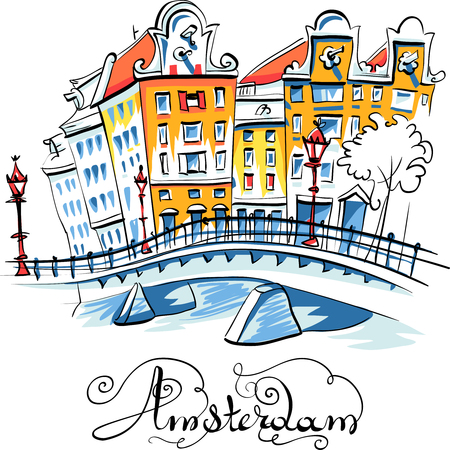 Color hand drawing, city view of Amsterdam typical houses, Holland, Netherlands.のイラスト素材
