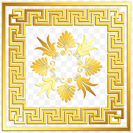 Traditional vintage Golden square Greek ornament, Meander and floral pattern on transparent background. Gold pattern for decorative tilesのイラスト素材