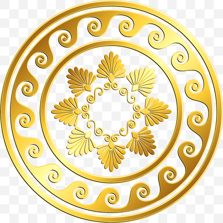Traditional vintage Golden round Greek ornament, Meander and floral pattern on transparent background. Gold pattern for decorative tilesのイラスト素材