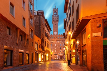 Famous tower of Palazzo Vecchio on the Piazza della Signoria in the morning in Florence, Tuscany, Italyの写真素材