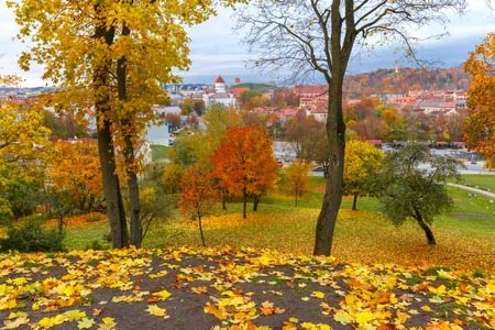 Autumn park and Old town of Vilnius, Lithuania, Baltic statesの写真素材