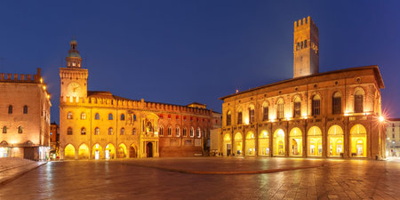 Panorama of Piazza Maggiore square with Palazzo del Podesta and Palazzo dAccursio or Palazzo...