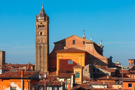 Aerial view of Bologna Cathedral towering above of the roofs of Old Town in medieval city Bologna in the sunny day, Emilia-Romagna, Italyの写真素材