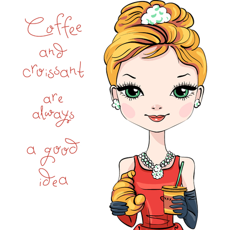 Fashionable modern smartly dressed girl with coffee and croissant. Caption Coffee and croissant is always a good idea.のイラスト素材