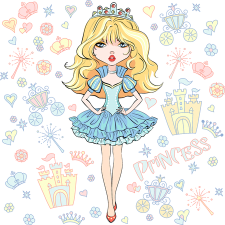 Beautiful fashion girl top model princess in the crown and in a beautiful dressのイラスト素材