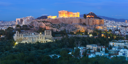 Panoramic aerial view of the Acropolis Hill, crowned with Parthenon during evening blue hour in Athens, Greeceの写真素材