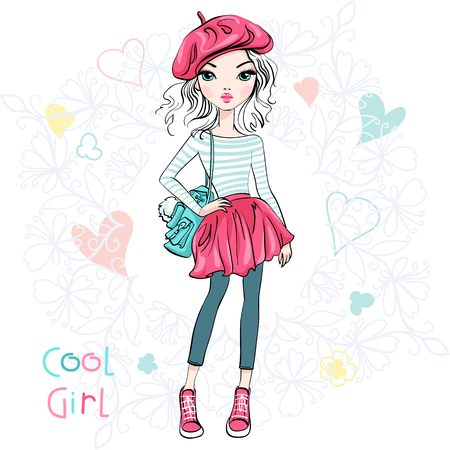 Cute beautiful girl in a summer skirt and blouse, hat beret and with backpack.