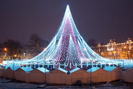 Decorated and illuminated Christmas tree on the Cathedral Square at night, Vilnius, Lithuania, Baltic states.の写真素材