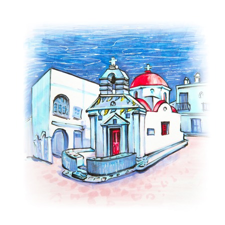 Picturesque view of Agia anna Church, typical Greek church building on the island Mykonos, The island of the winds, Greece. Picture made markersの写真素材