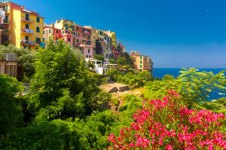 Aerial panoramic view of Corniglia fishing village in Five lands, Cinque Terre National Park,...