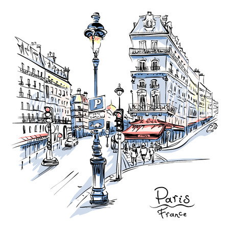 Vector hand drawing. Paris street with traditional houses and lanterns, Paris, France.のイラスト素材