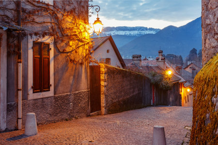 Typical French houses in Old Town of Annecy during morning blue hour, Franceの写真素材