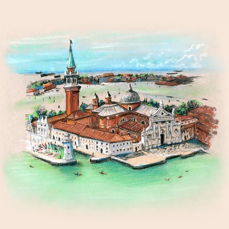 View from Campanile di San Marco to San Giorgio Maggiore island. Hand drawing pastel sketchの写真素材