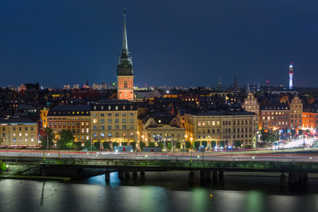 Scenic aerial view of Gamla Stan with German Church, in the Old Town in Stockholm at night, capital of Swedenの写真素材