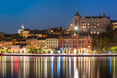 Sodermalm waterfront in the Old Town at night in Stockholm , capital of Swedenの写真素材