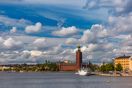 Scenic summer aerial view of Stockholm City Hall or Stadshuset in the Old Town in Stockholm, capital of Swedenの写真素材