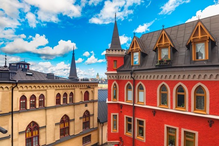Beautiful bright houses with turrets in district Sodermalm, Soder in the Old Town in Stockholm , capital of Swedenの写真素材