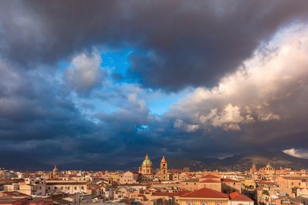 Beautiful panoramic aerial view of Palermo at sunset, Sicily, Italyの写真素材