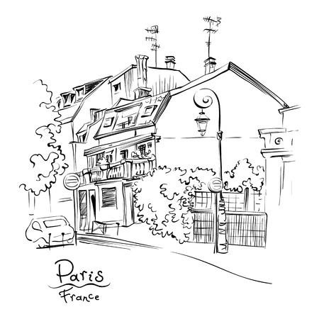 Vector black and white hand drawing. Paris street with traditional houses and lanterns, Paris, France.のイラスト素材