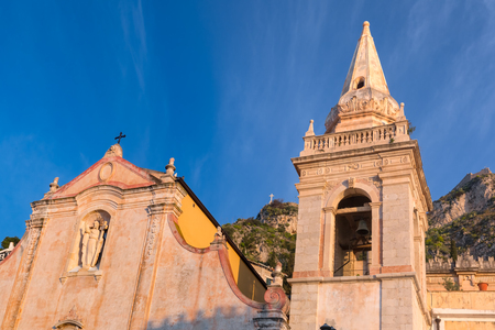 San Giuseppe church on the square Piazza IX Aprile at sunrise in Taormina, Sicily, Italyの写真素材