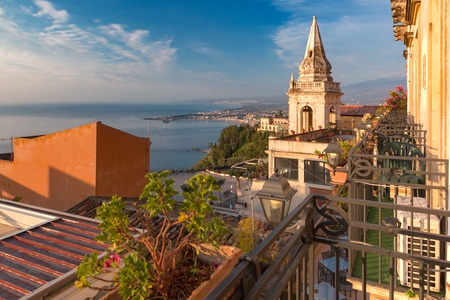 Aerial view of Taormina and San Giuseppe church on the square Piazza IX Aprile in Taormina, Sicily, Italyの写真素材