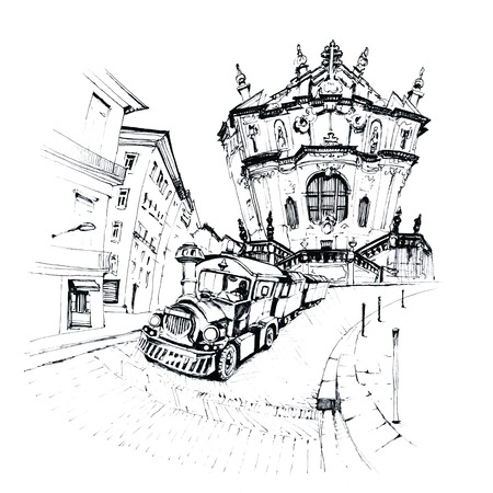 Black and white sketch of tourist train against the background of Facade of the Clerigos Church, Porto, Portugalの写真素材