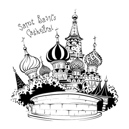 Vector black and white sketch of The Cathedral of Vasily the Blessed or Saint Basil Cathedral in Moscow, Russiaのイラスト素材
